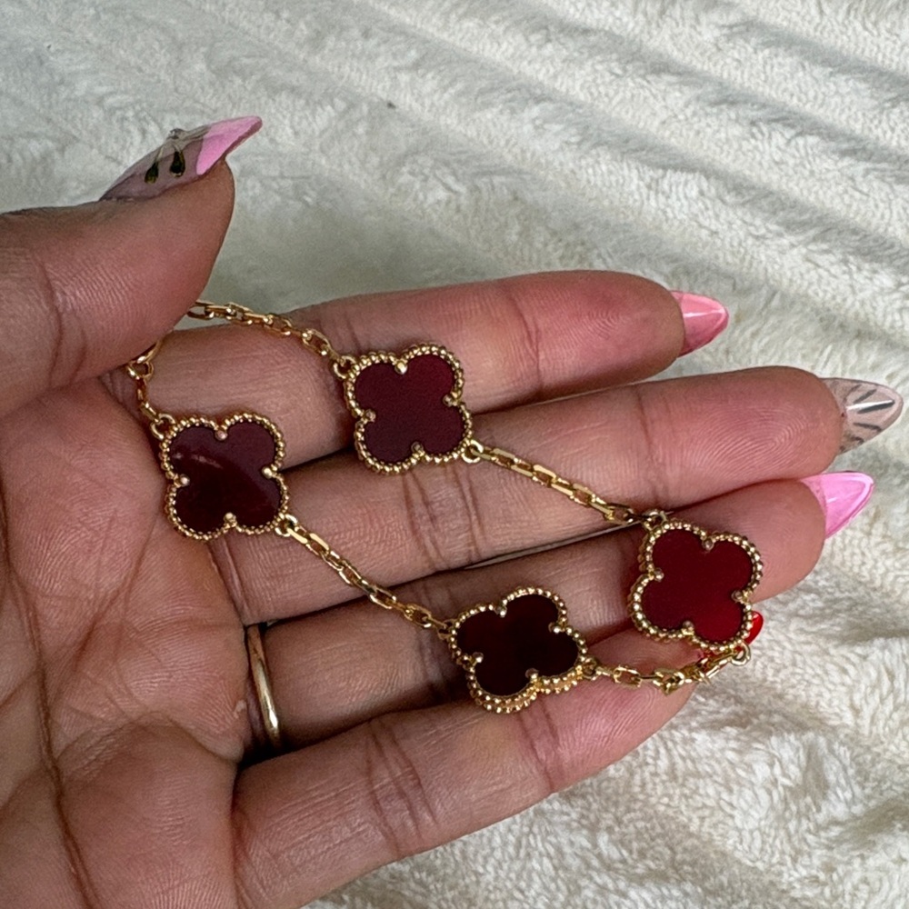 Source Unknown Gold Bracelet with Red Clover Charms